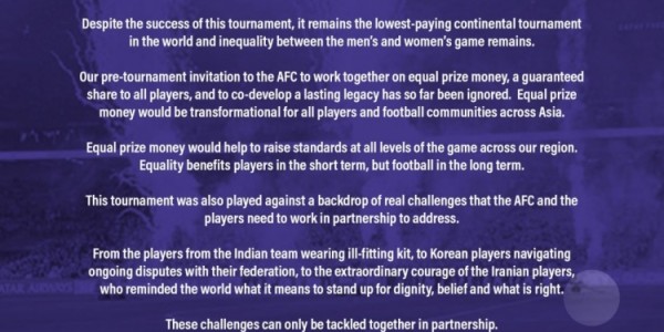 澳大利亚女足和日本女足共同发表声明，要求提高女足赛事奖金